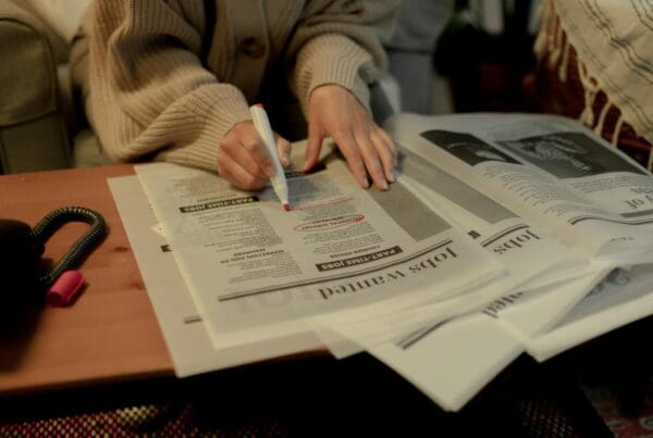 A person highlights job listings in newspaper, focusing on job search indoors.